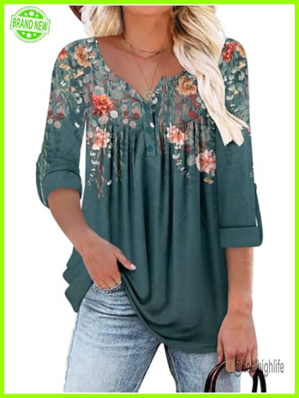 Womens Floral Tunic Top V Neck 3/4 Sleeve Ruffle Blouse